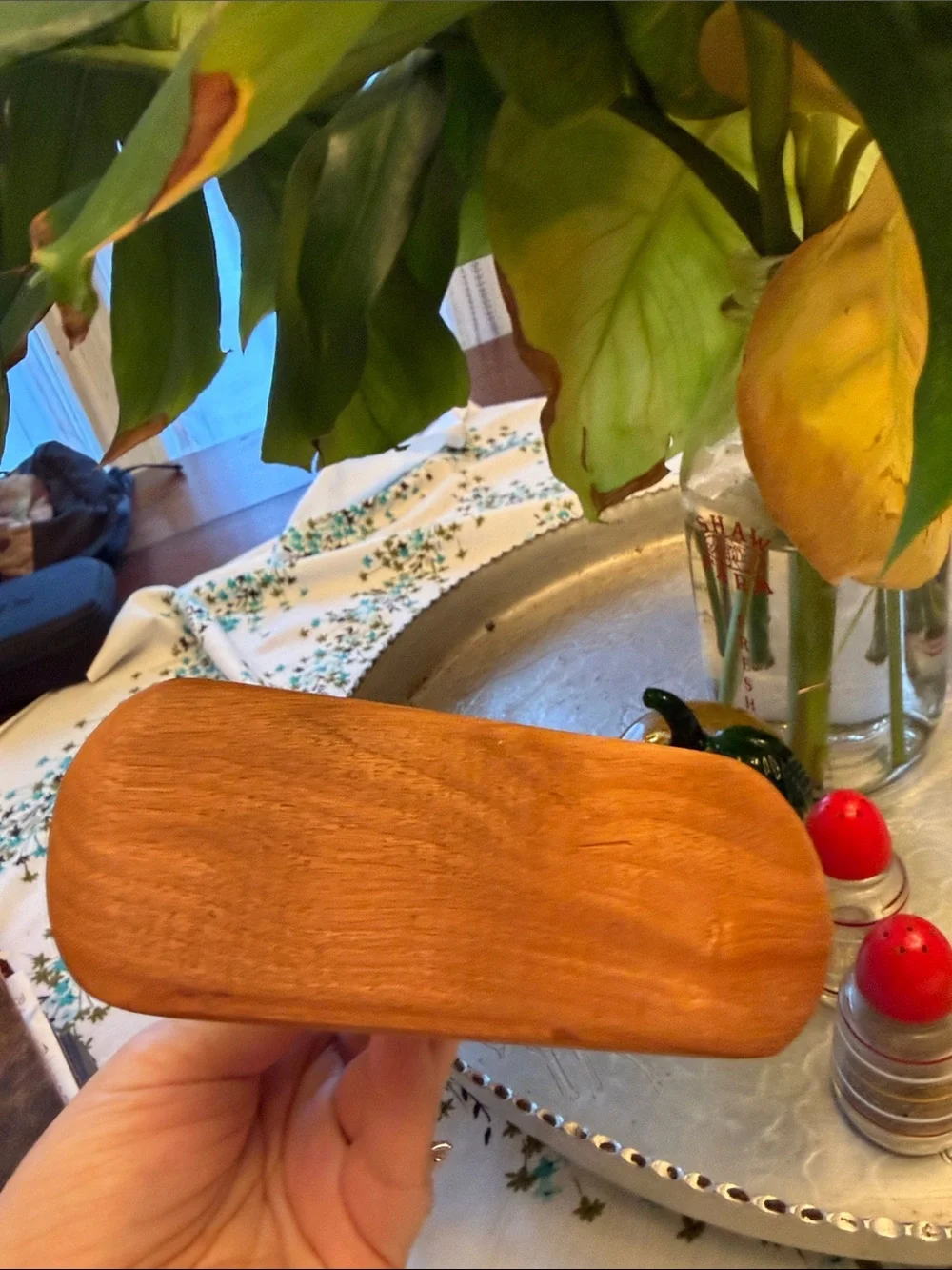 Wood Salt and Pepper Shaker Set with Red Caps and Wooden Stand